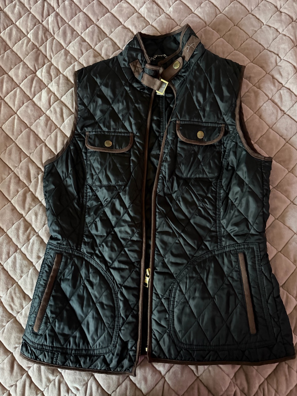 Banana Republic Quilted Black Vest with Brown Trim